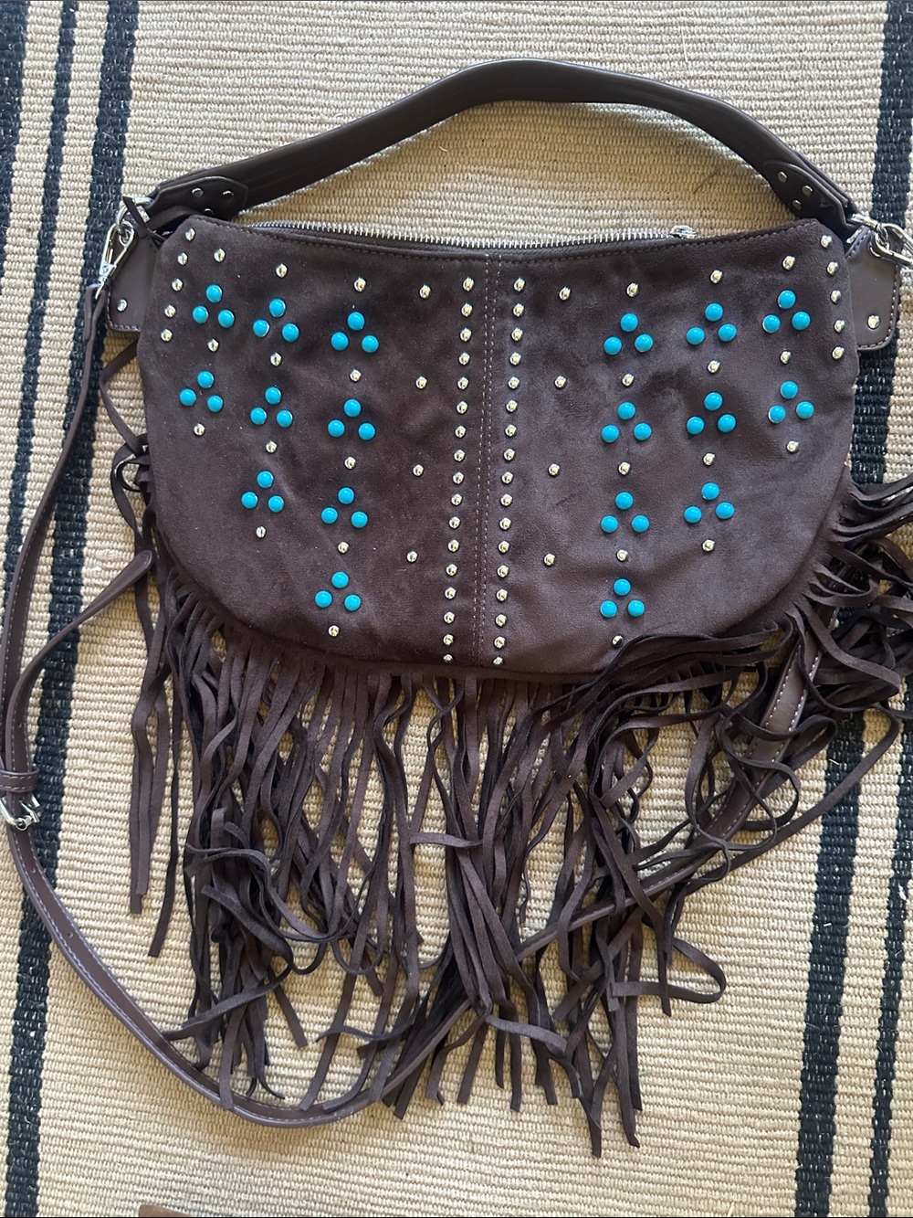 Brown Fringe Shoulder Bag with Turquoise Studs